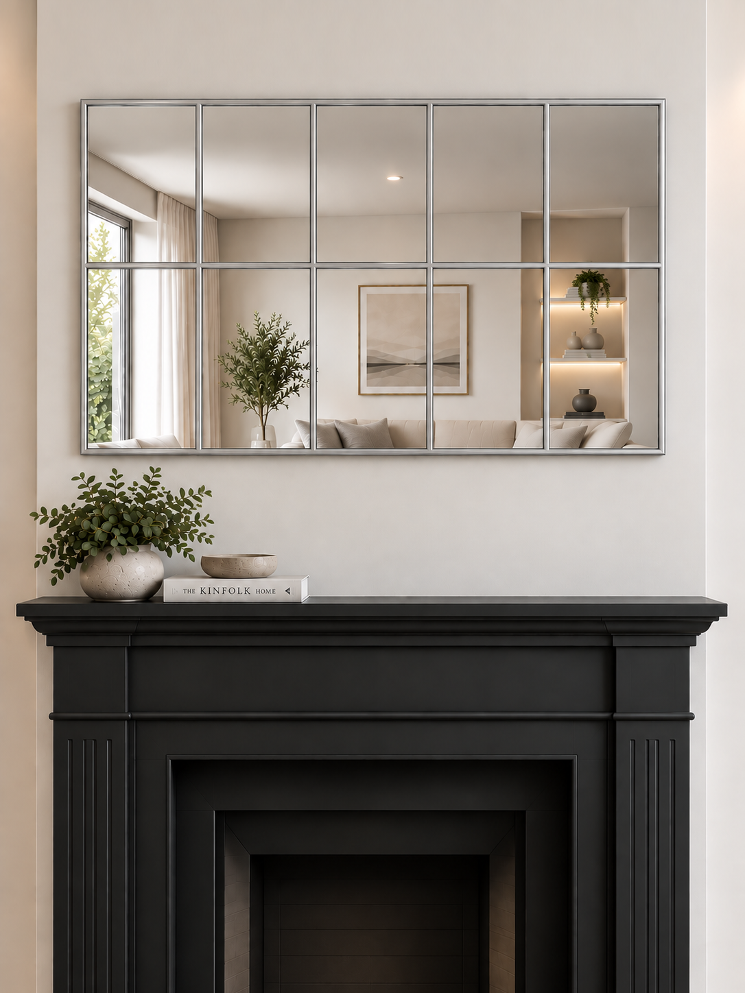 A large rectangular wall mirror with a silver metal grid frame hangs above a black fireplace