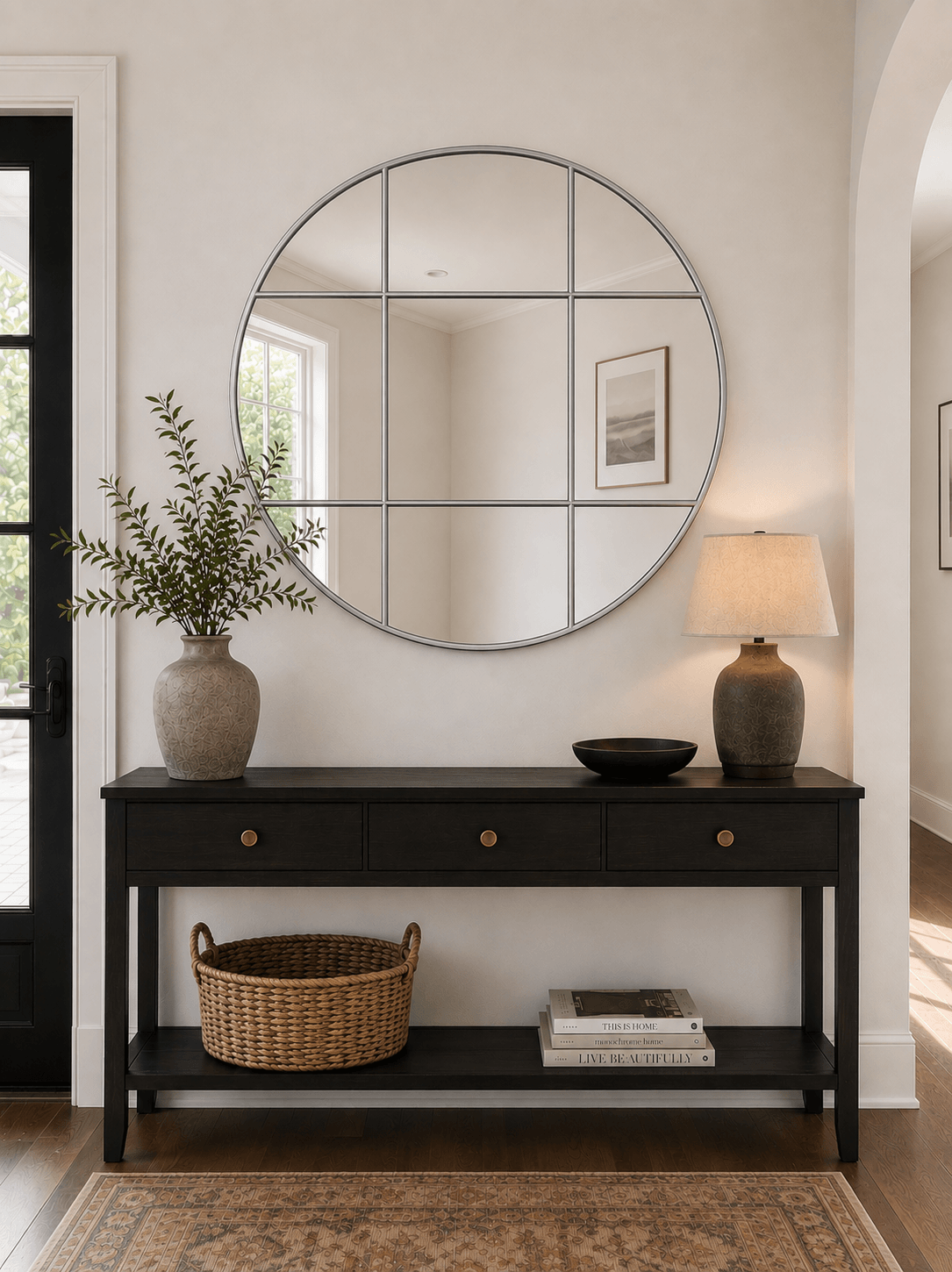 Round Black Industrial Wall Mirror, Large Metal Grid Frame, Modern Window Style Mirror, Statement Hallway Living Room Bedroom Decor
