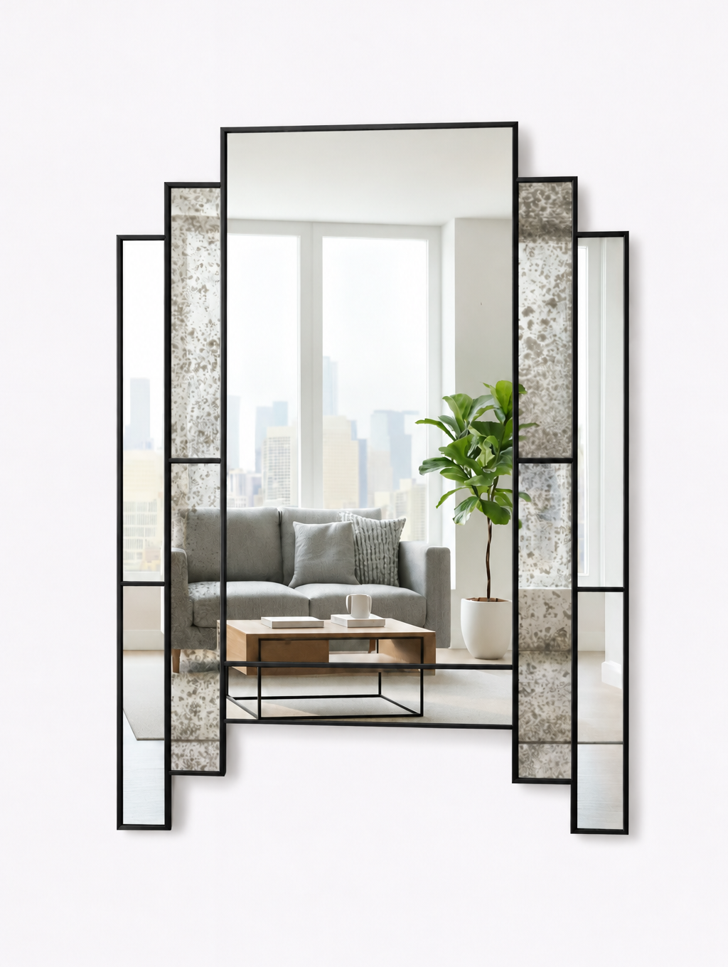 Rectangular wall mirror with distressed glass sections and stepped design 