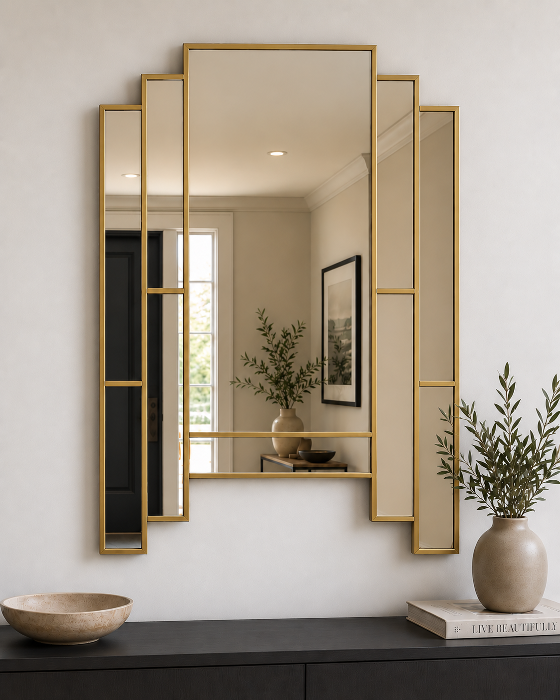 A modern geometric wall mirror with a gold metal frame and asymmetrical panel design, mounted on a white wall above a dark console table with decorative vases and a bowl.