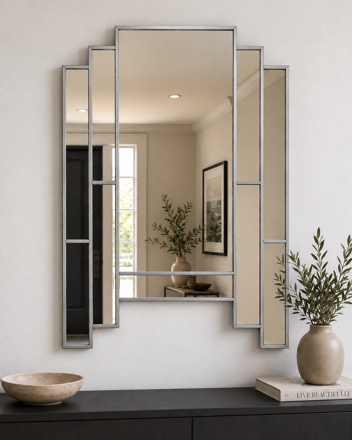 A modern multi-panel geometric wall mirror with a brushed silver frame, styled on a white wall above a dark console table with decorative vases and a bowl.