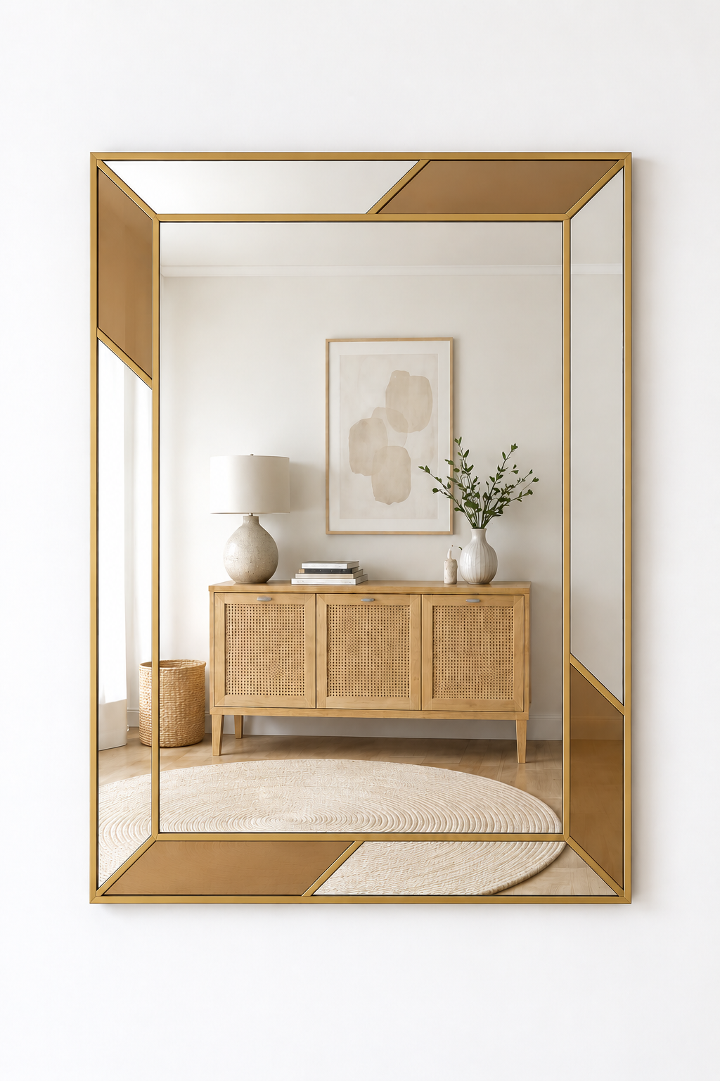 A geometric wall mirror with a gold metal frame and warm brown mirrored panels, mounted on a white wall. The mirror reflects a styled interior room with a wooden sideboard, a lamp, a vase of greenery, and a round rug.