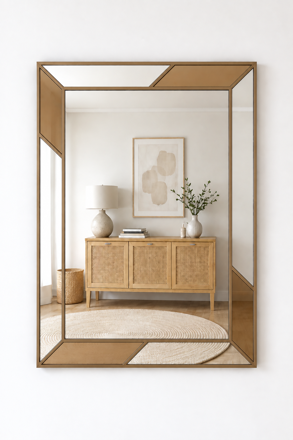 A large rectangular wall mirror with a geometric gold-toned frame, shown hanging on a white wall. The mirror reflects a styled interior scene with a light wood sideboard, lamp, framed art, rug, and vase.