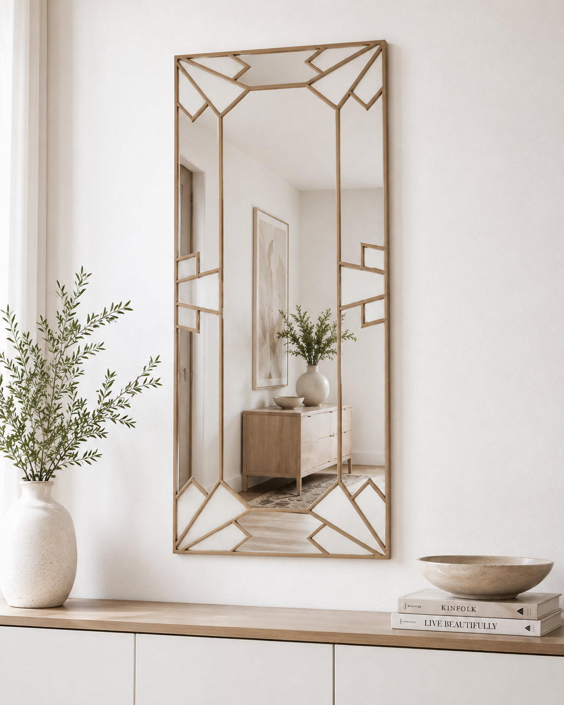 A tall rectangular wall mirror with a geometric gold metal frame hangs on a white wall above a light wood console table. The mirror reflects an interior hallway, and the scene is styled with a white vase of greenery on the left and stacked books with a bowl on the right.