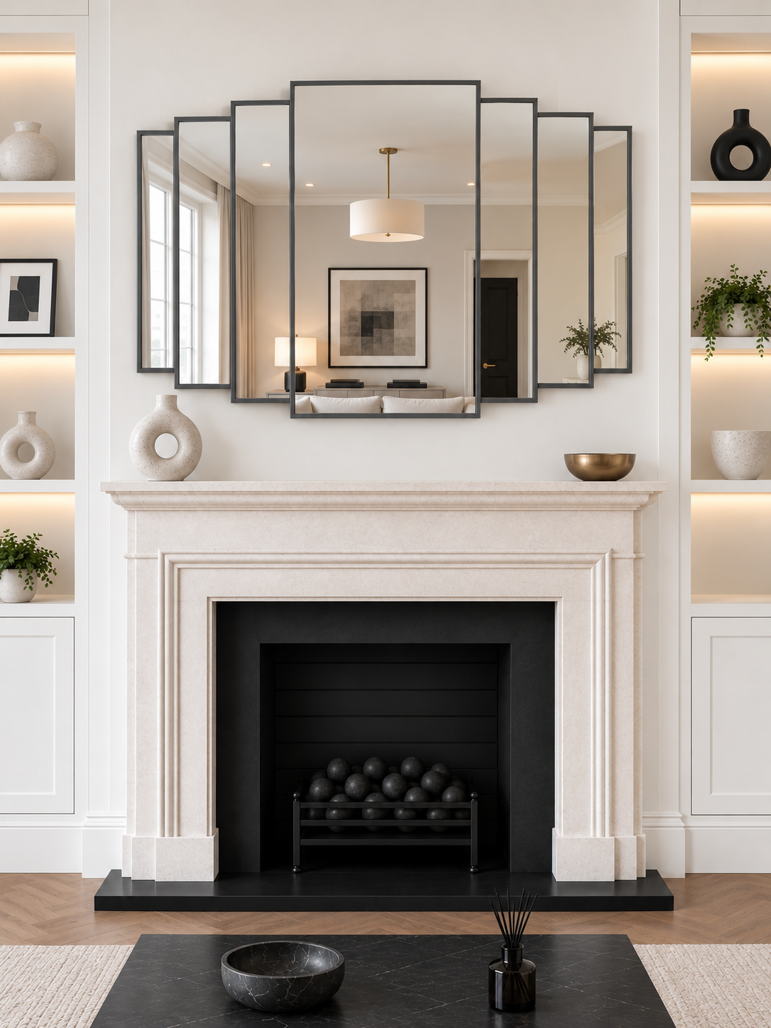 A large overmantle multi-panel antique framed wall mirror mounted above a white fireplace