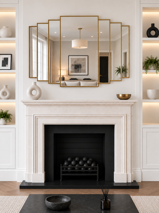 A large overmantle multi-panel brass framed wall mirror mounted above a white fireplace
