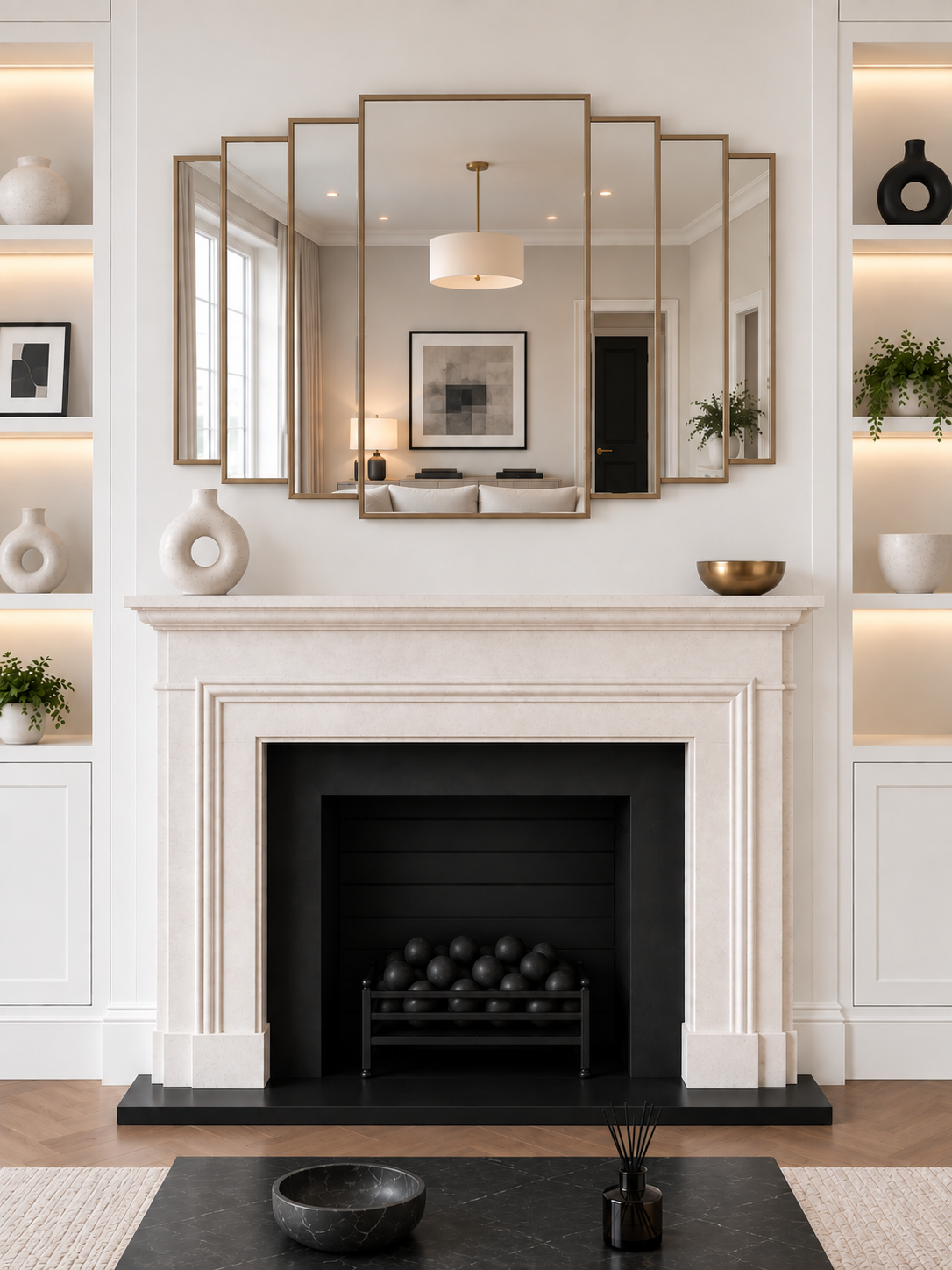 A large overmantle multi-panel gold framed wall mirror mounted above a white fireplace