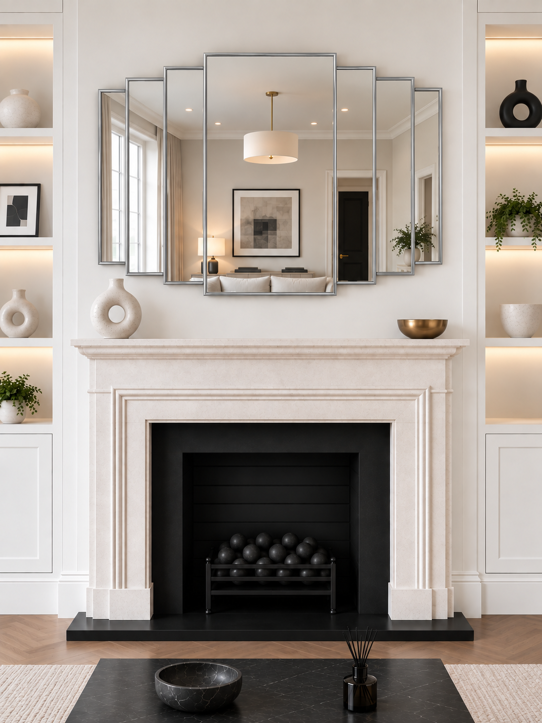 A large overmantle multi-panel silver framed wall mirror mounted above a white fireplace
