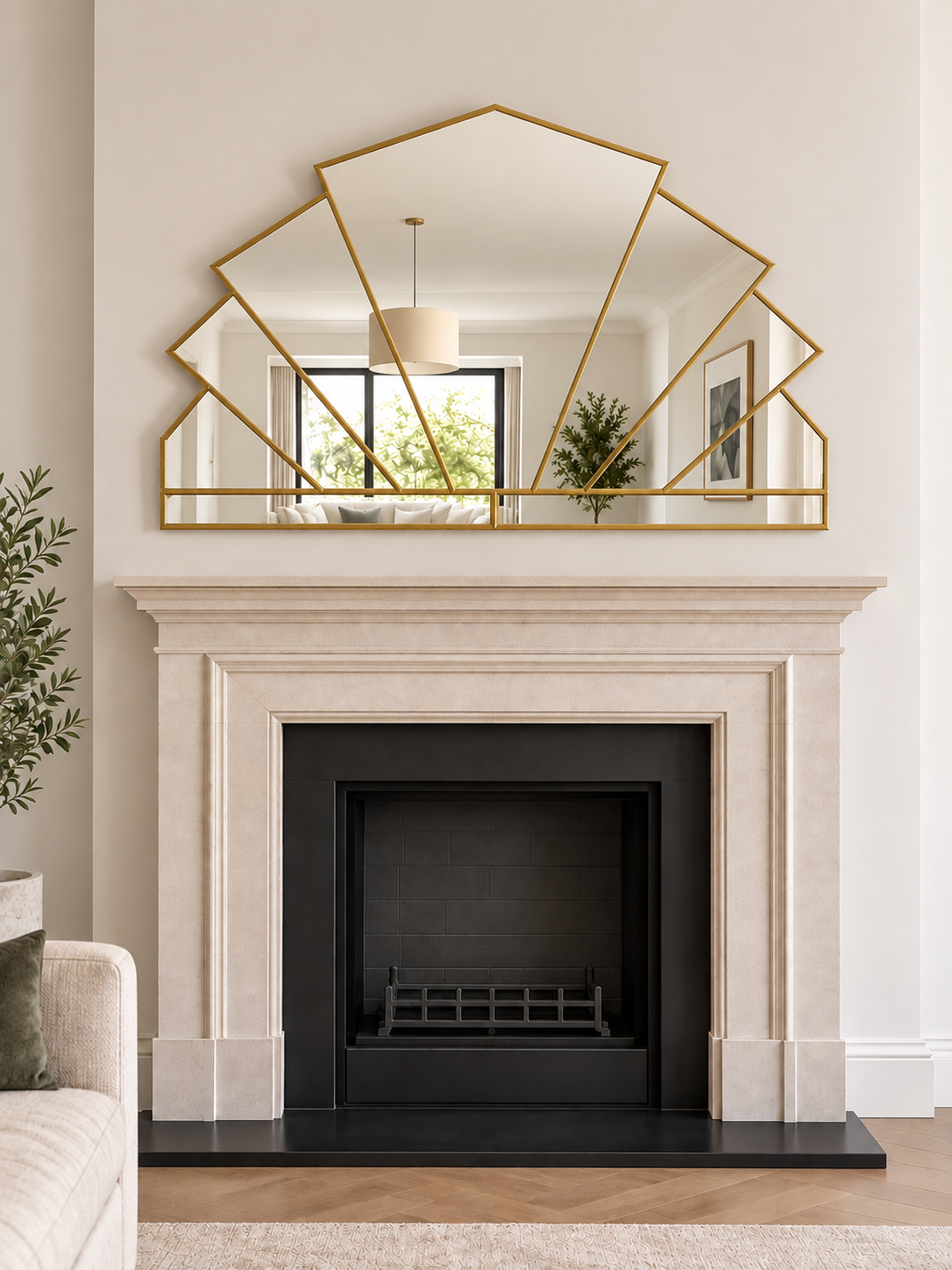 A large geometric overmantle mirror in brass