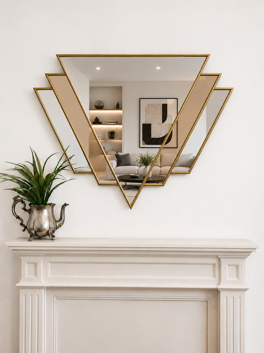 A modern geometric wall mirror with overlapping triangular frames in a brass finish, mounted on a white wall above a white fireplace mantel.