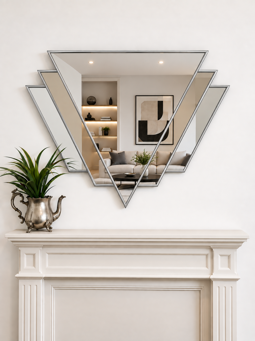 A modern geometric wall mirror with overlapping triangular frames in a silver finish, mounted on a white wall above a white fireplace mantel.