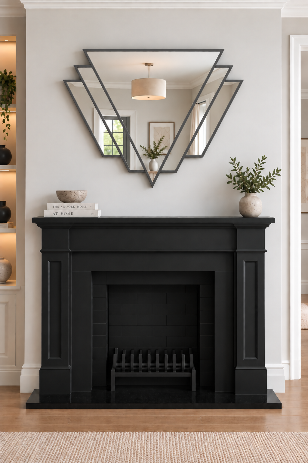 Luxury Art Deco Fan Mirror in brass lead over mantel with decorative wallpapered wall