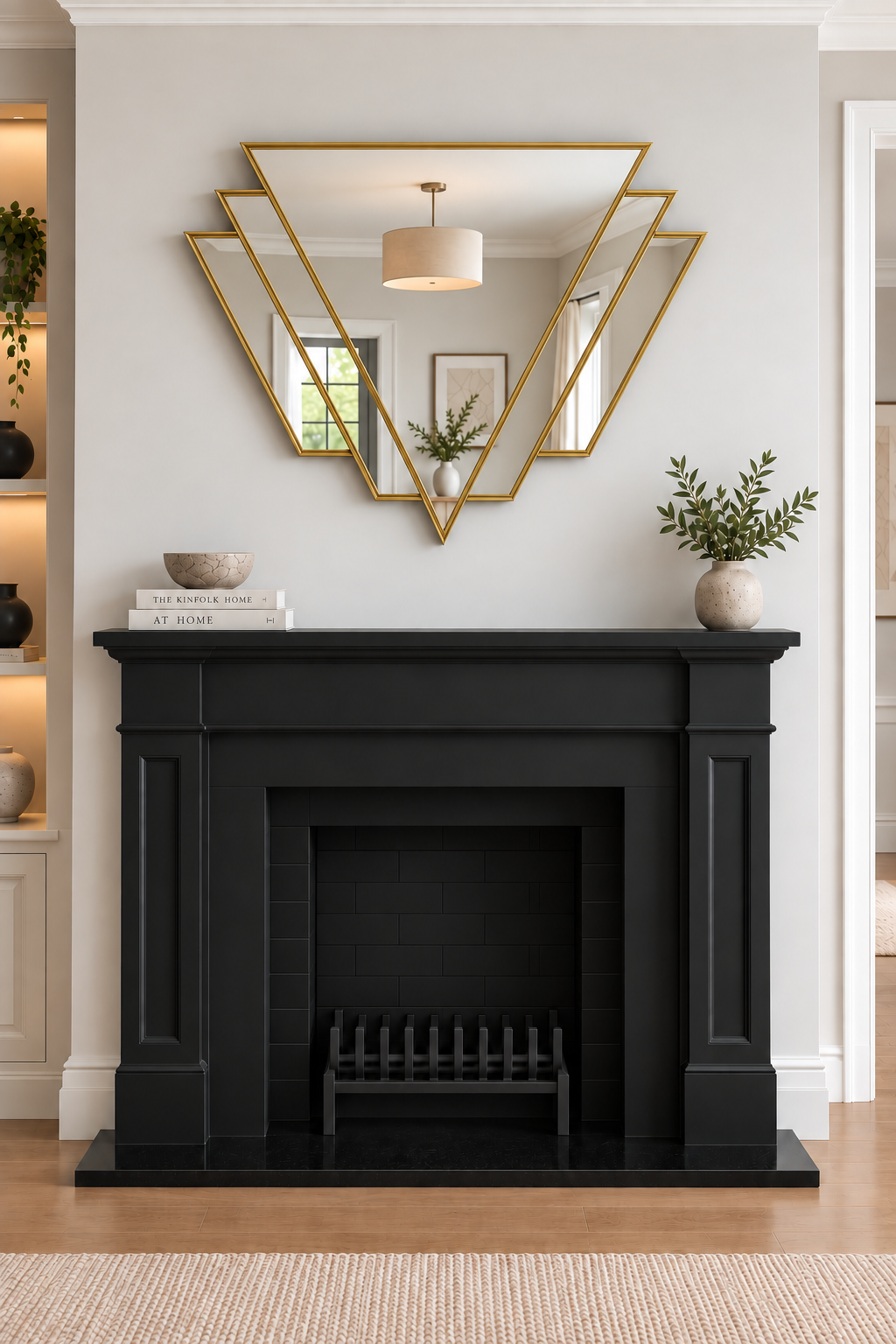 Luxury Art Deco Fan Mirror in brass lead over mantel with decorative wallpapered wall