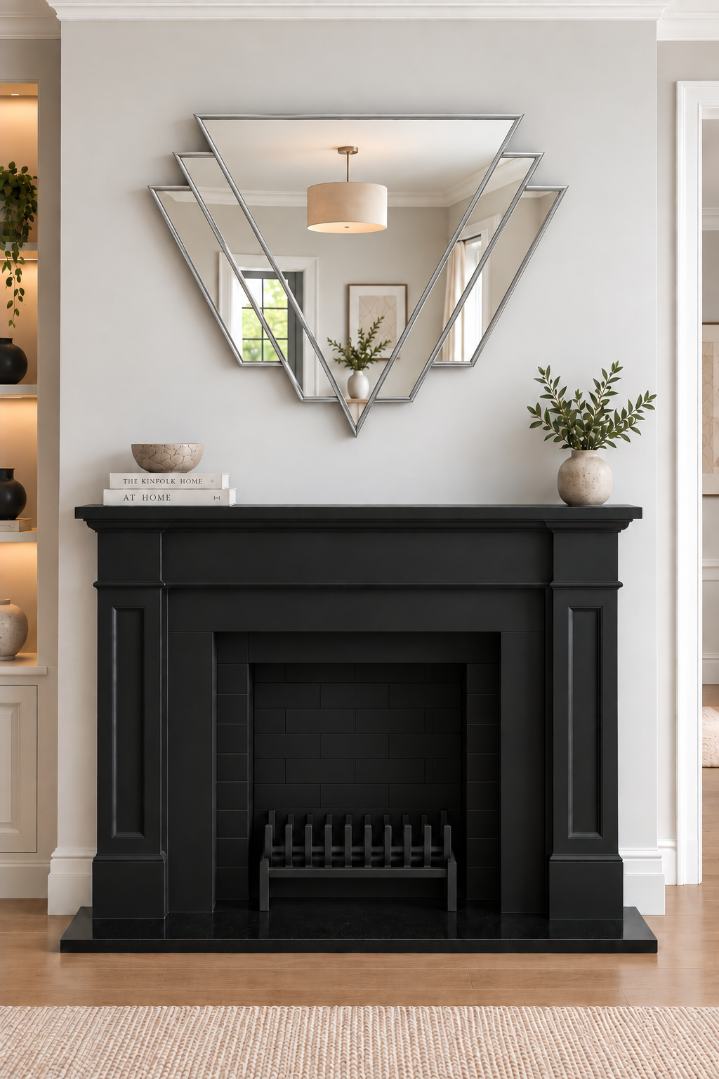 Luxury Art Deco Fan Mirror in silver lead over mantel with decorative wallpapered wall