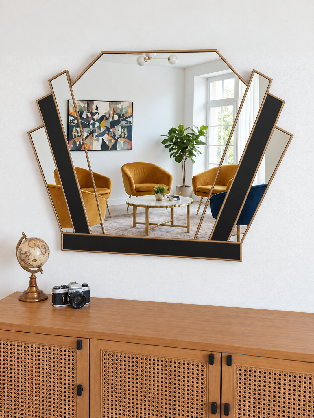 A large geometric wall mirror with a gold-tone frame and black inner panels, mounted on a white wall above a wooden cabinet. The mirror reflects a modern living room with mustard yellow armchairs, a coffee table, and a plant.