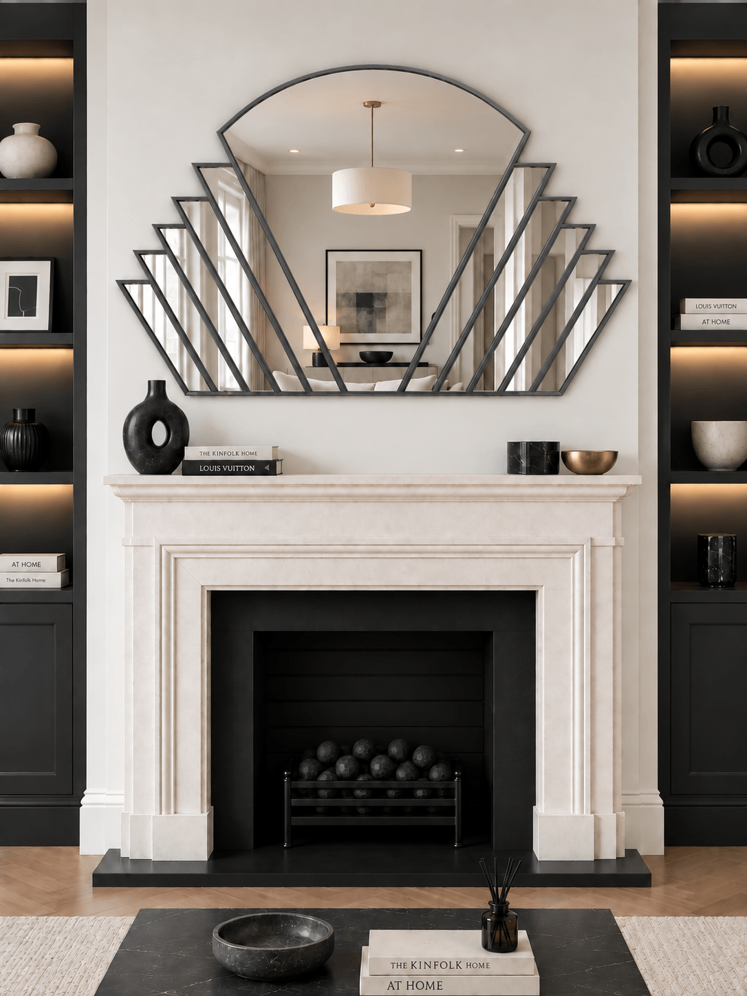 A large arched fan mirror with an antique metal geometric frame