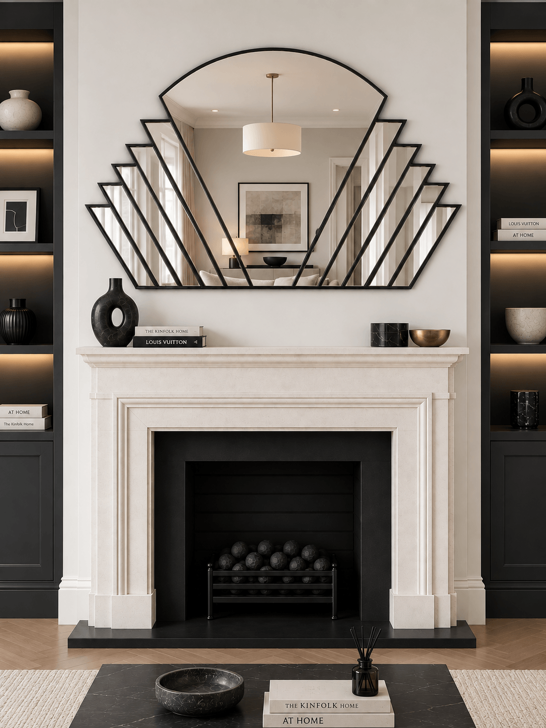 A large arched fan mirror with a black metal geometric frame