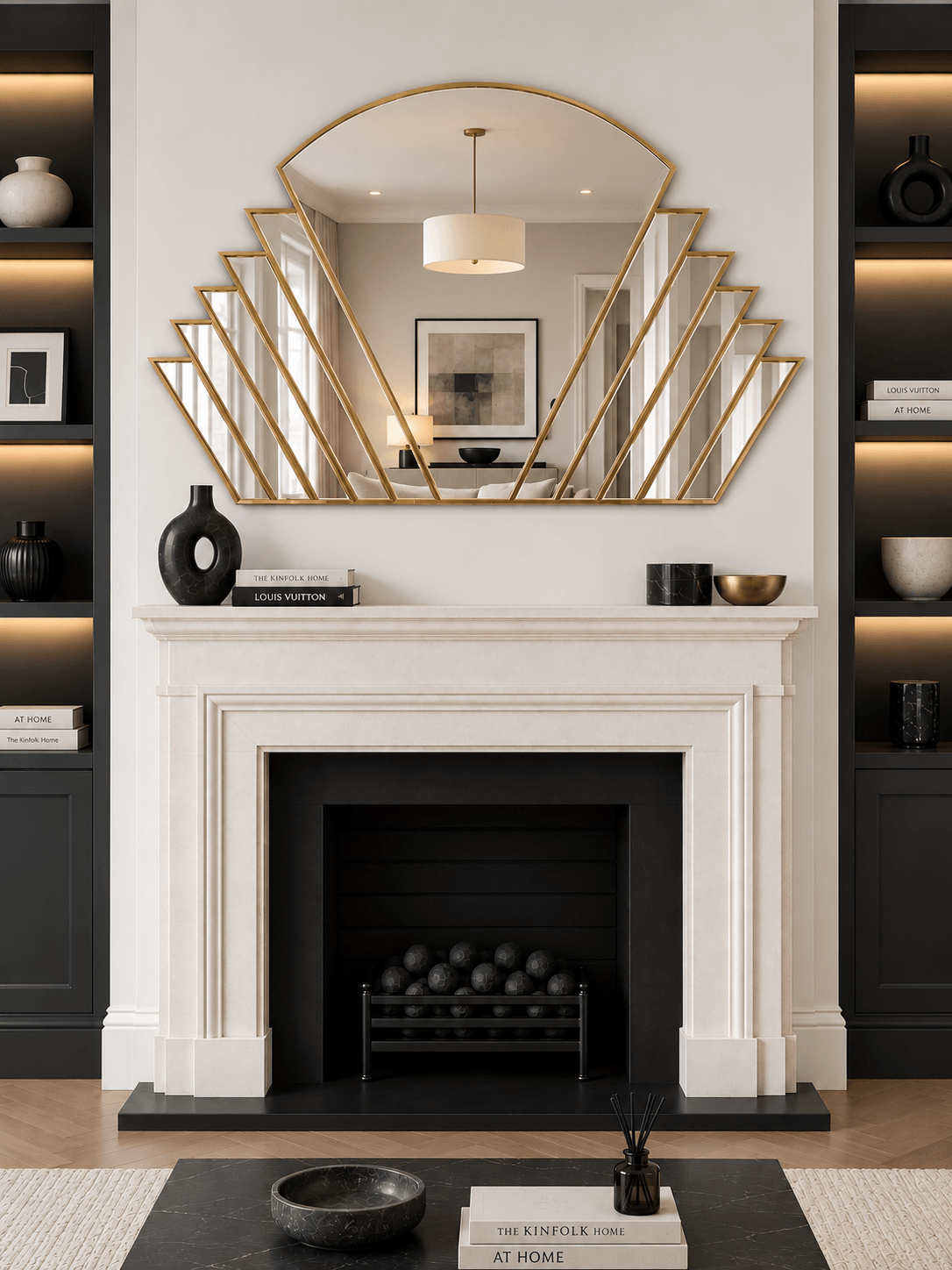 A large arched fan mirror with a brass metal geometric frame