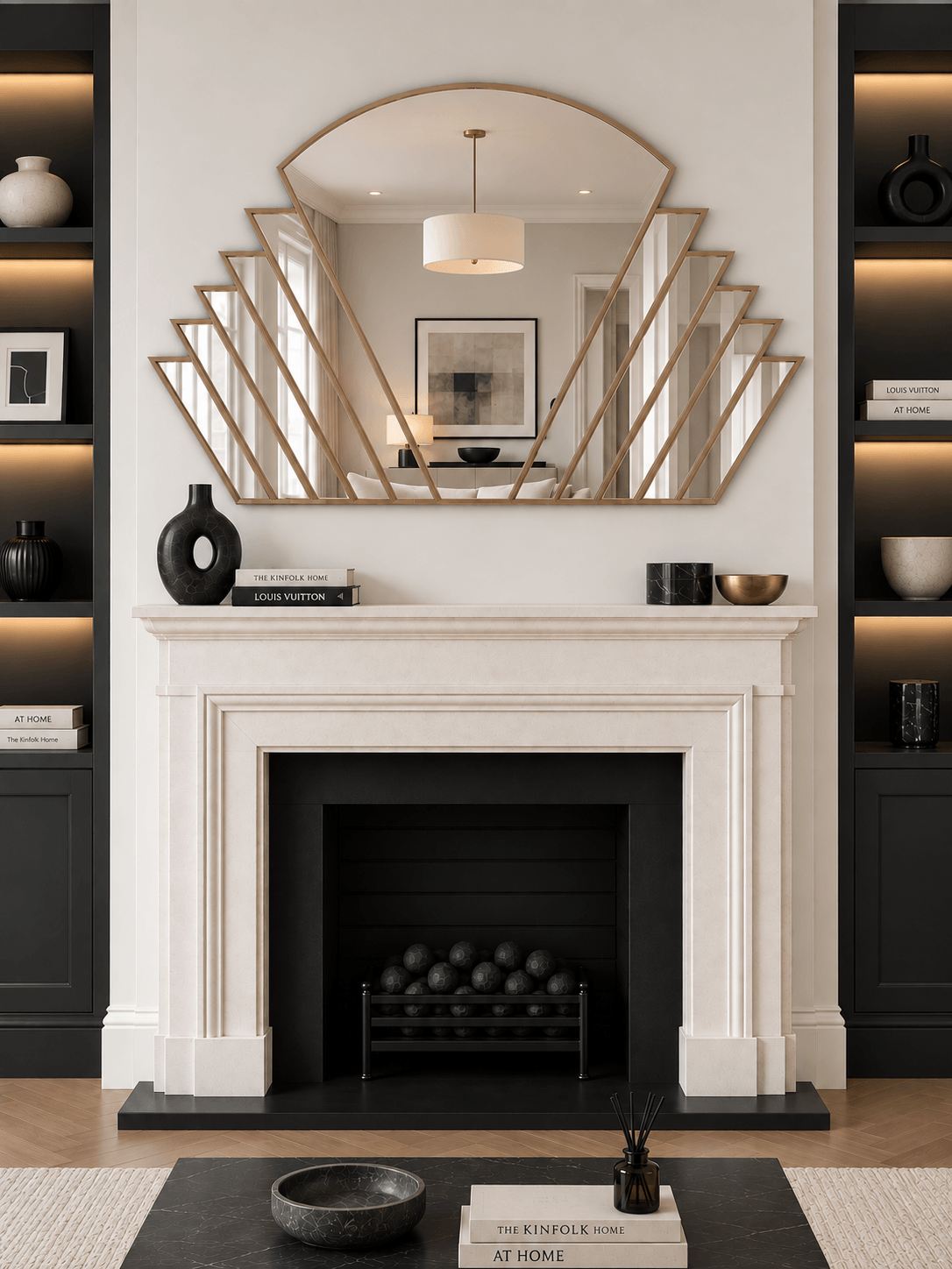 A large arched fan mirror with a gold metal geometric frame