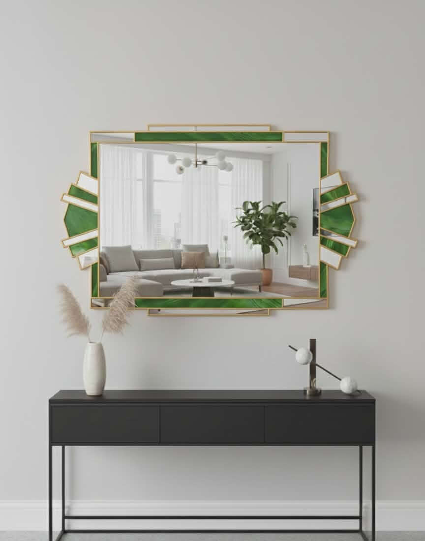 Fantasy Green Stained Glass Art Deco Wall Mirror in Brass
