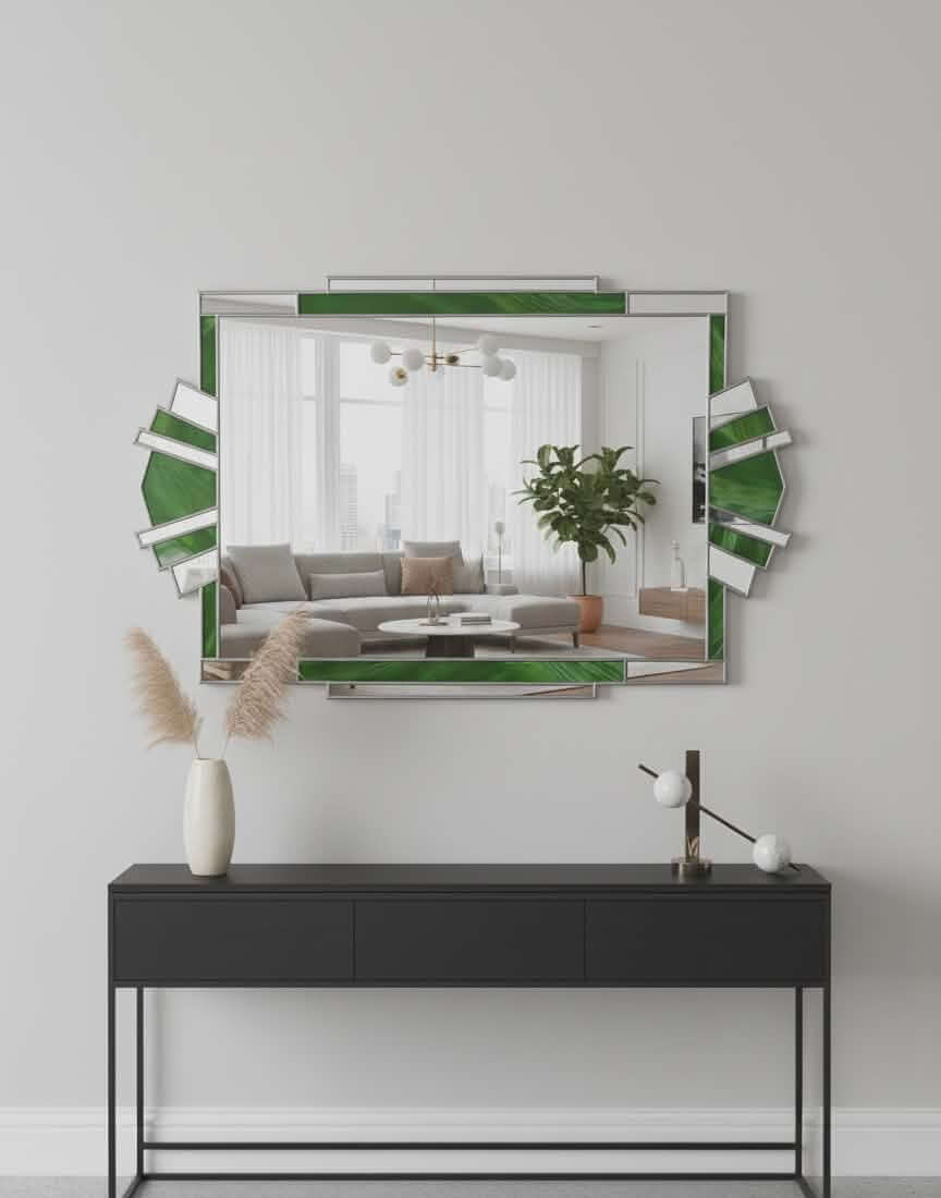 Fantasy Green Stained Glass Art Deco Wall Mirror in silver