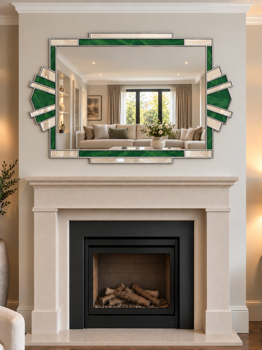 An ornate rectangular wall mirror with green and silver geometric borders hangs above a cream fireplace mantel in a styled living room.