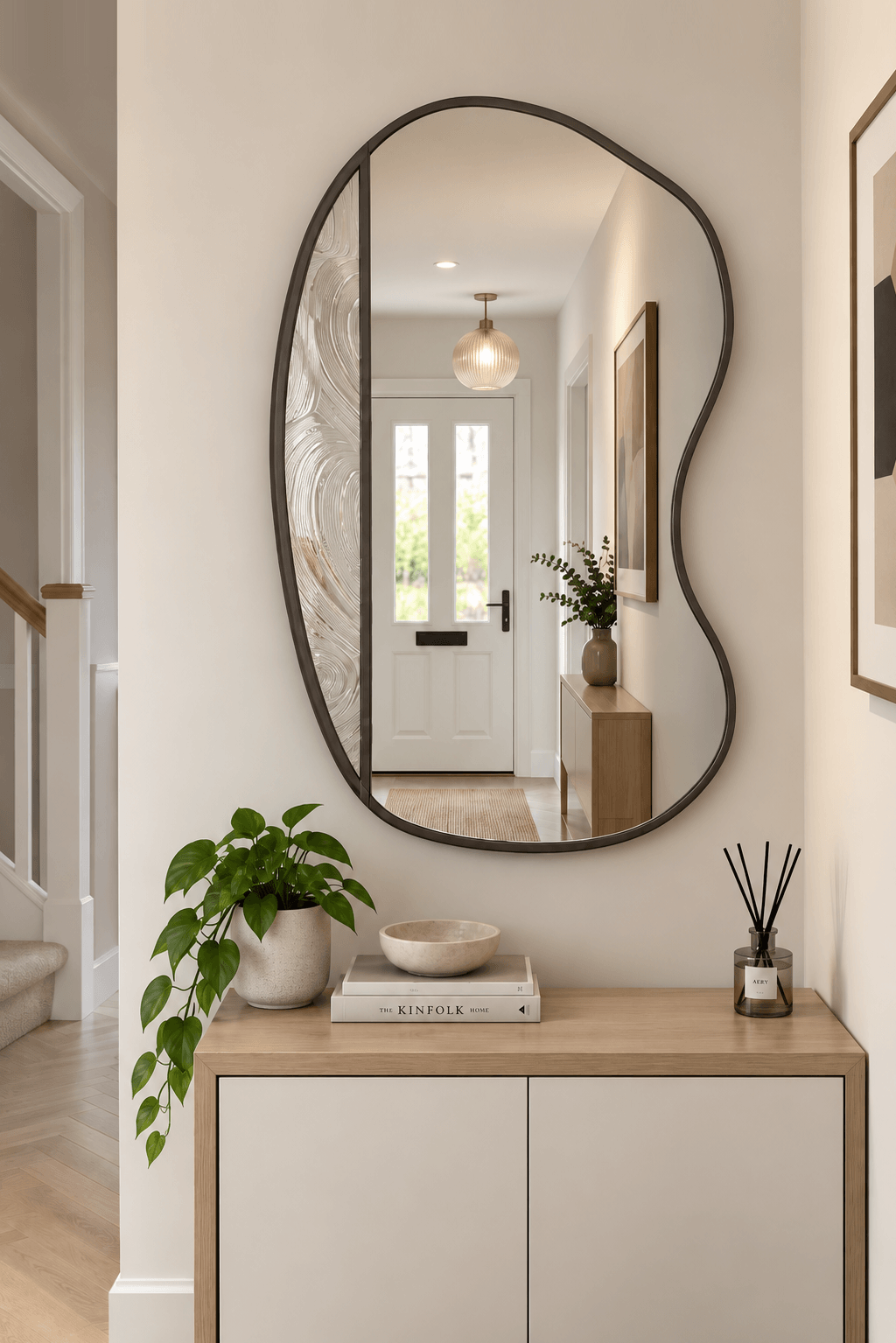 An organic-shaped wall mirror with an antique metal frame hangs above a light wood console cabinet