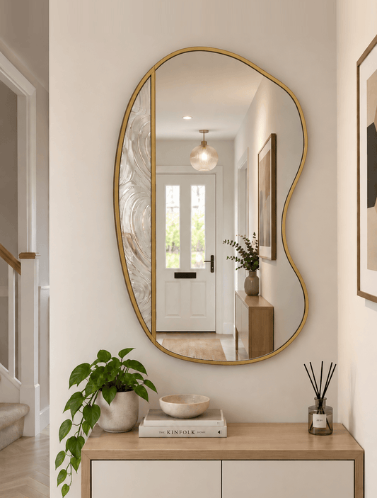 An organic-shaped wall mirror with a brass metal frame hangs above a light wood console cabinet