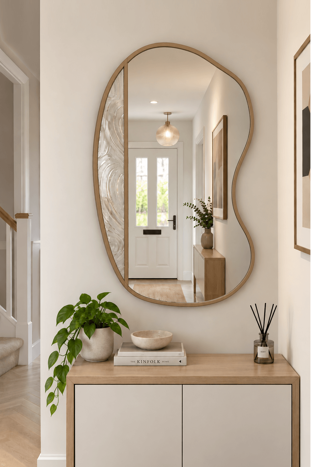 An organic-shaped wall mirror with a gold metal frame hangs above a light wood console cabinet