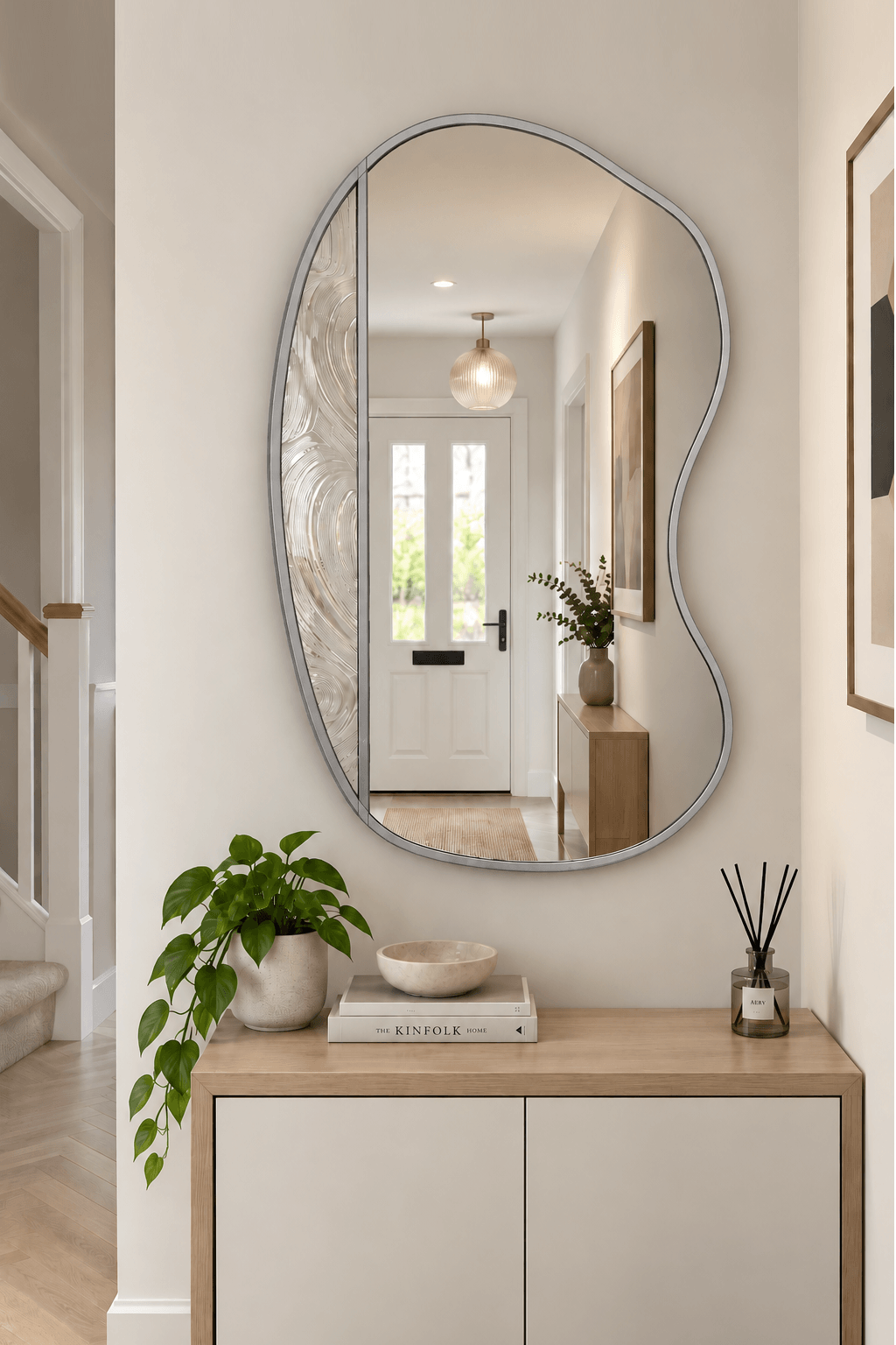 An organic-shaped wall mirror with a silver metal frame hangs above a light wood console cabinet