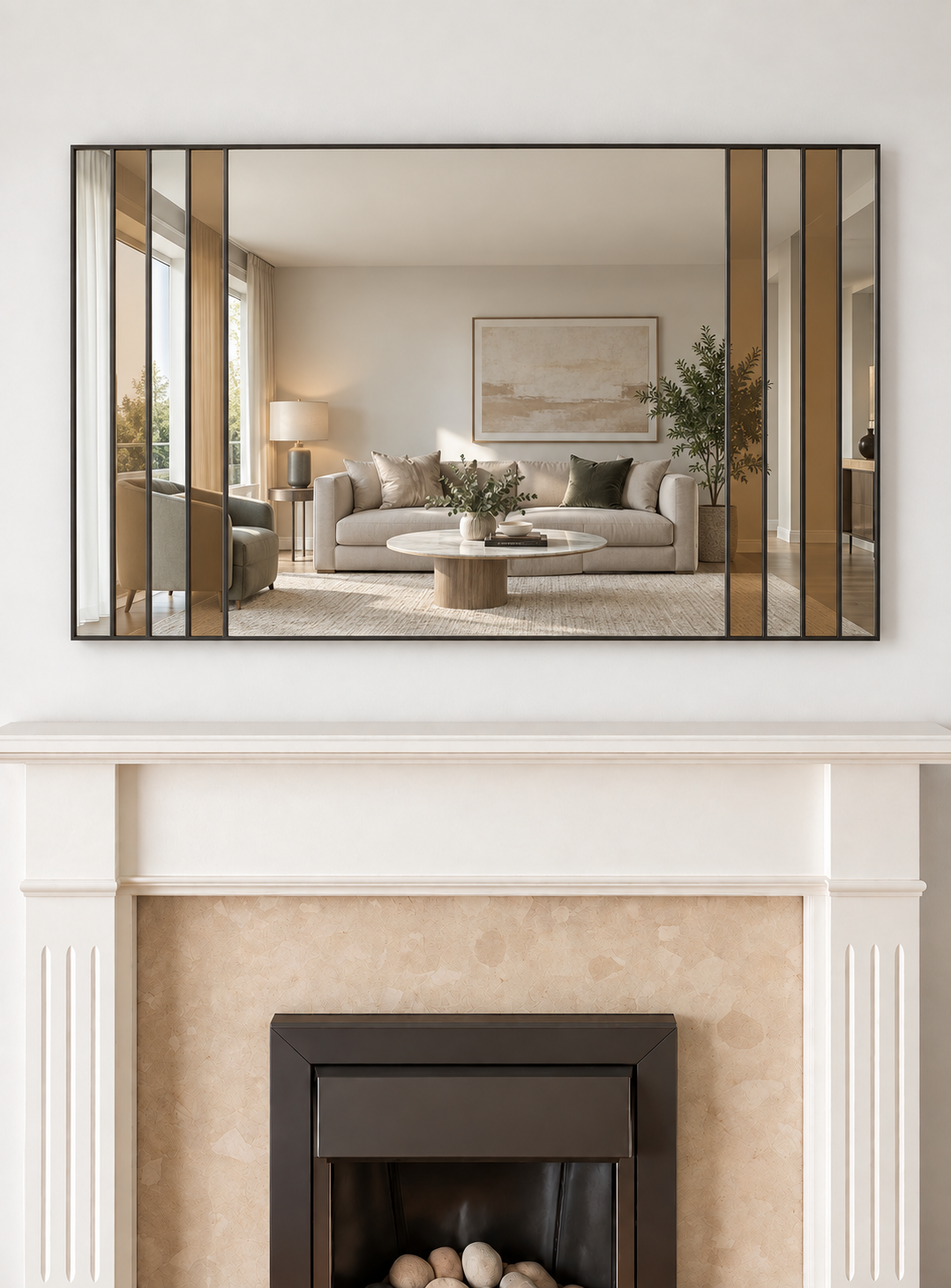 A large rectangular contemporary mirror featuring bronze glass panels in an antique metal frame 