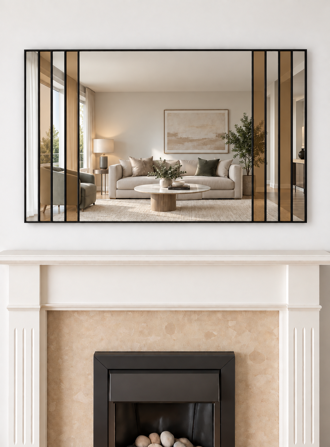 A large rectangular contemporary mirror featuring bronze glass panels in a black metal frame 