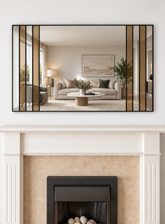 A large rectangular contemporary mirror featuring bronze glass panels in a black metal frame 