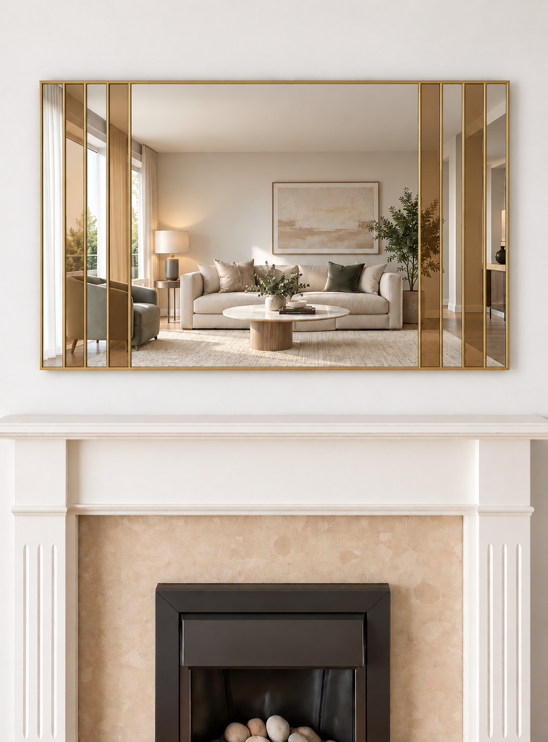 A large rectangular contemporary mirror featuring bronze glass panels in a brass metal frame 