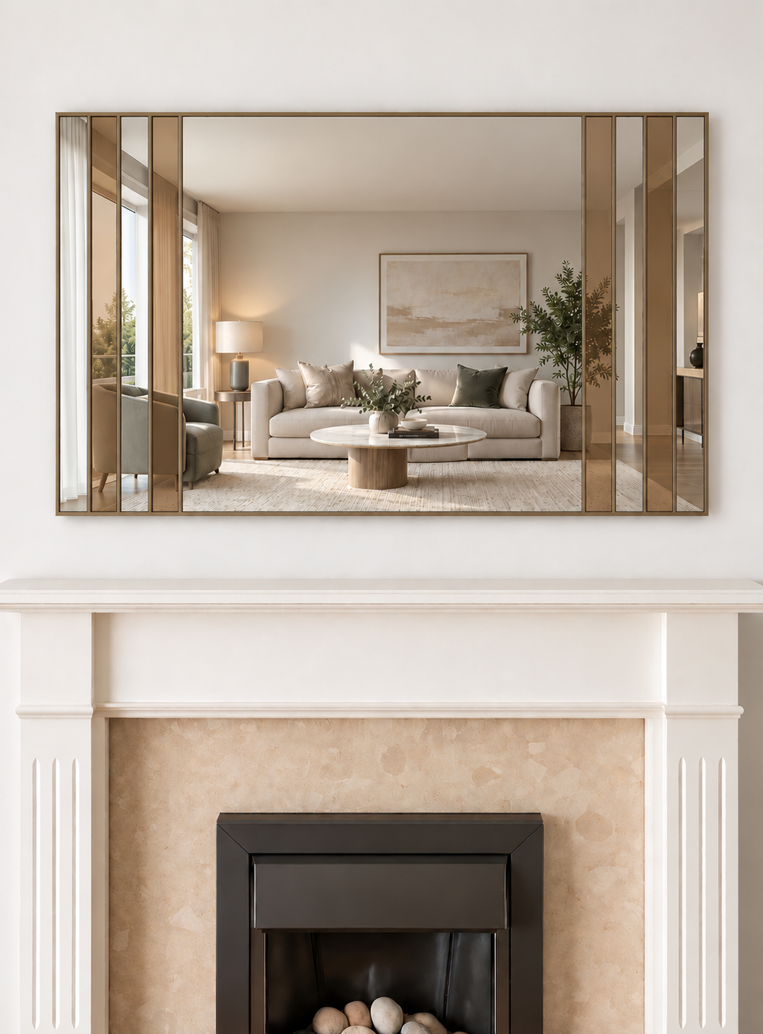 A large rectangular contemporary mirror featuring bronze glass panels in a gold metal frame 