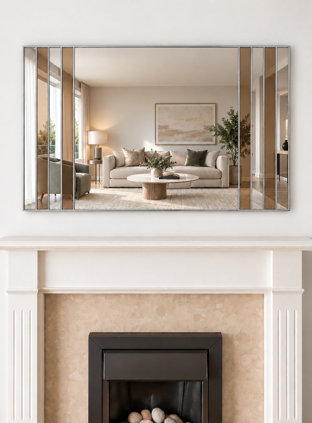 A large rectangular contemporary mirror featuring bronze glass panels in a silver metal frame 