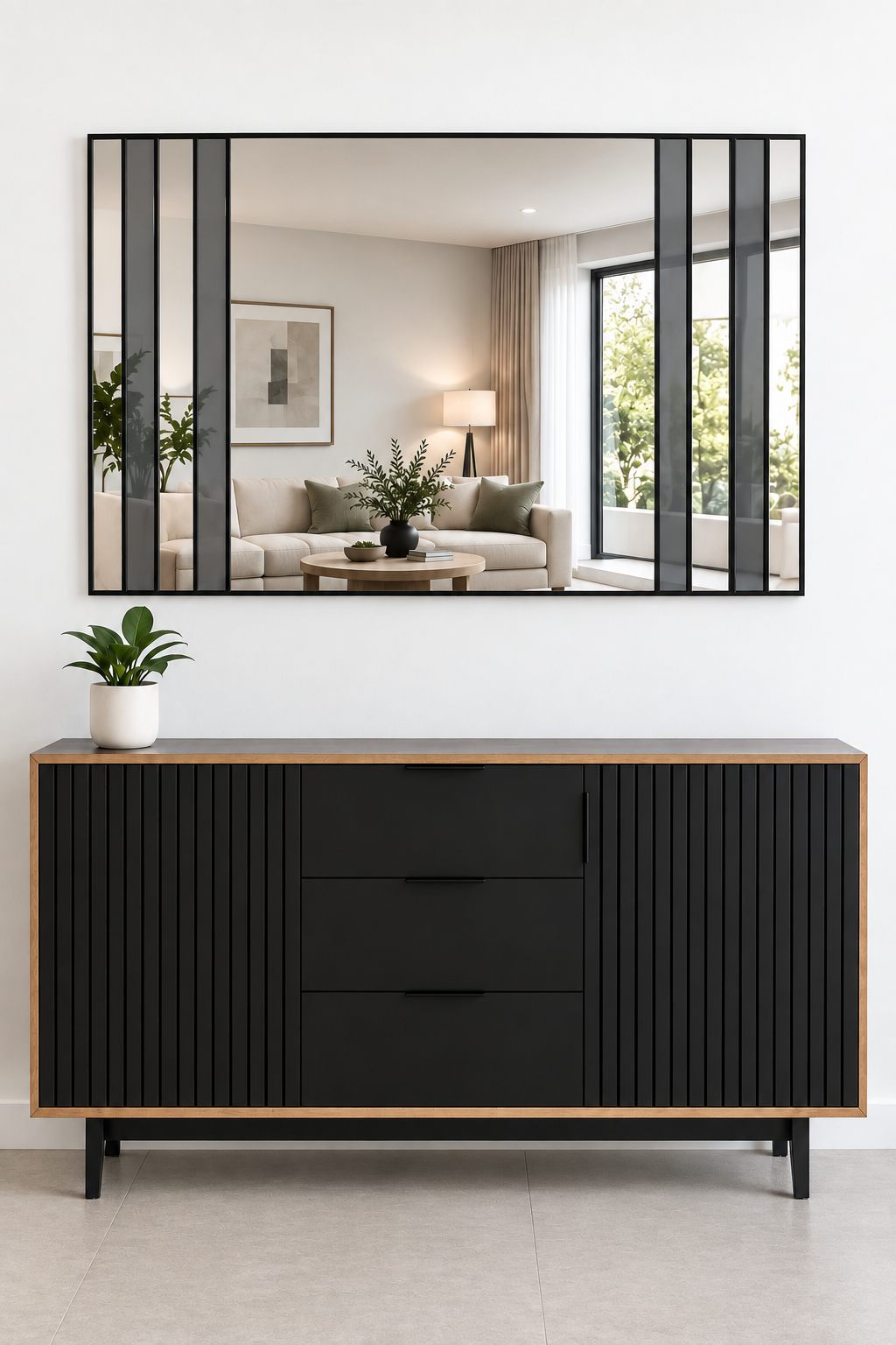 Contemporary large grey tinted overmantle mirror in black