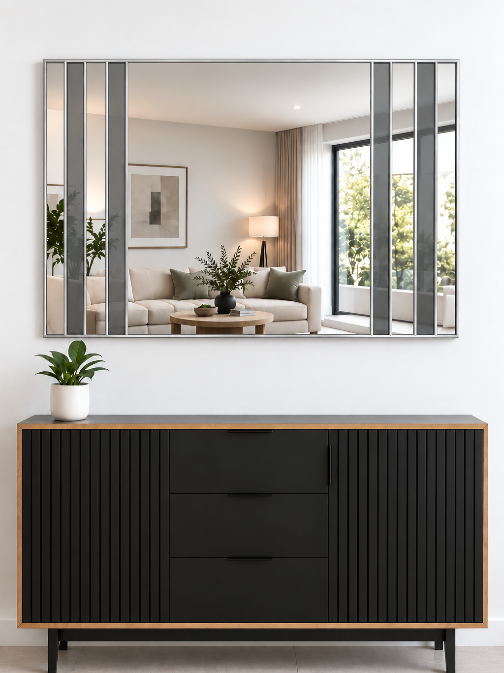 Contemporary large grey tinted overmantle mirror in silver