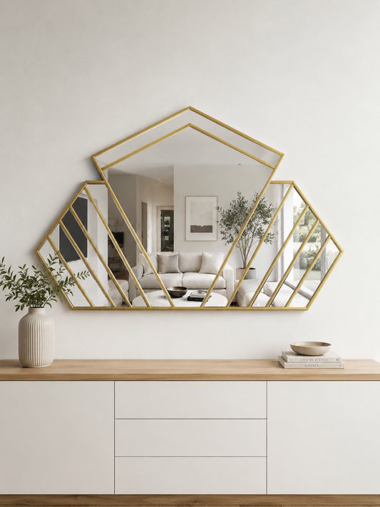 A modern geometric wall mirror with a gold metal frame, displayed in a styled home interior above a light wood console table.