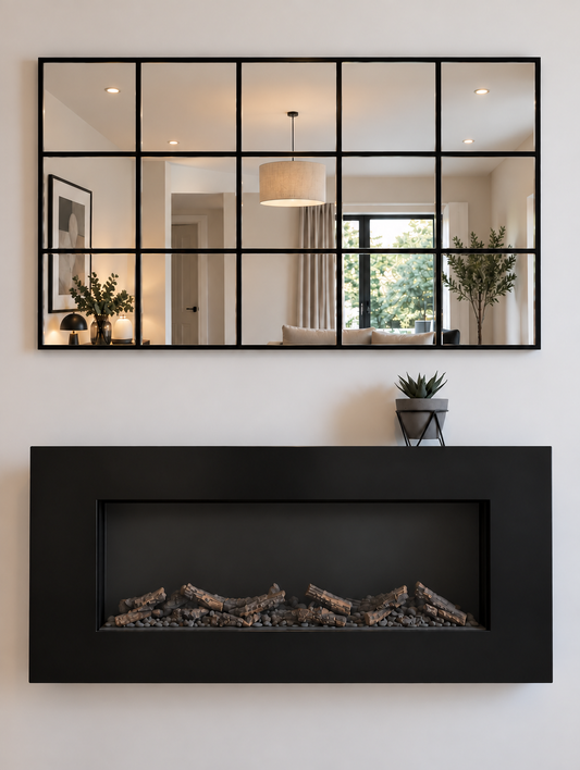 A modern rectangular mirror with a black metal frame