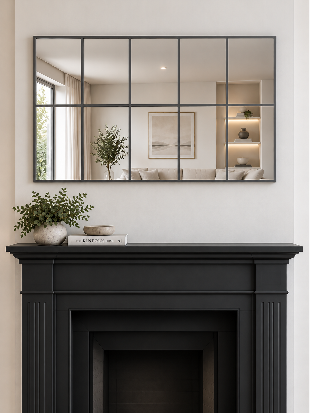 A large rectangular wall mirror with a antique metal grid frame hangs above a black fireplace 