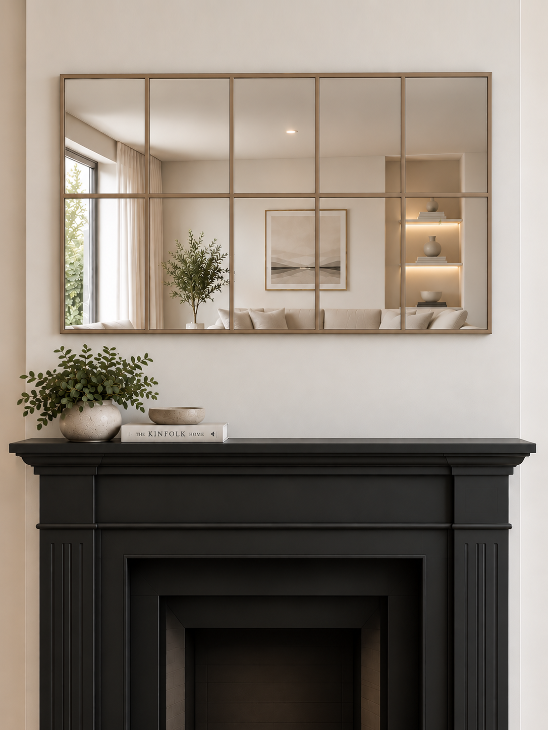 A large rectangular wall mirror with a gold metal grid frame hangs above a black fireplace 