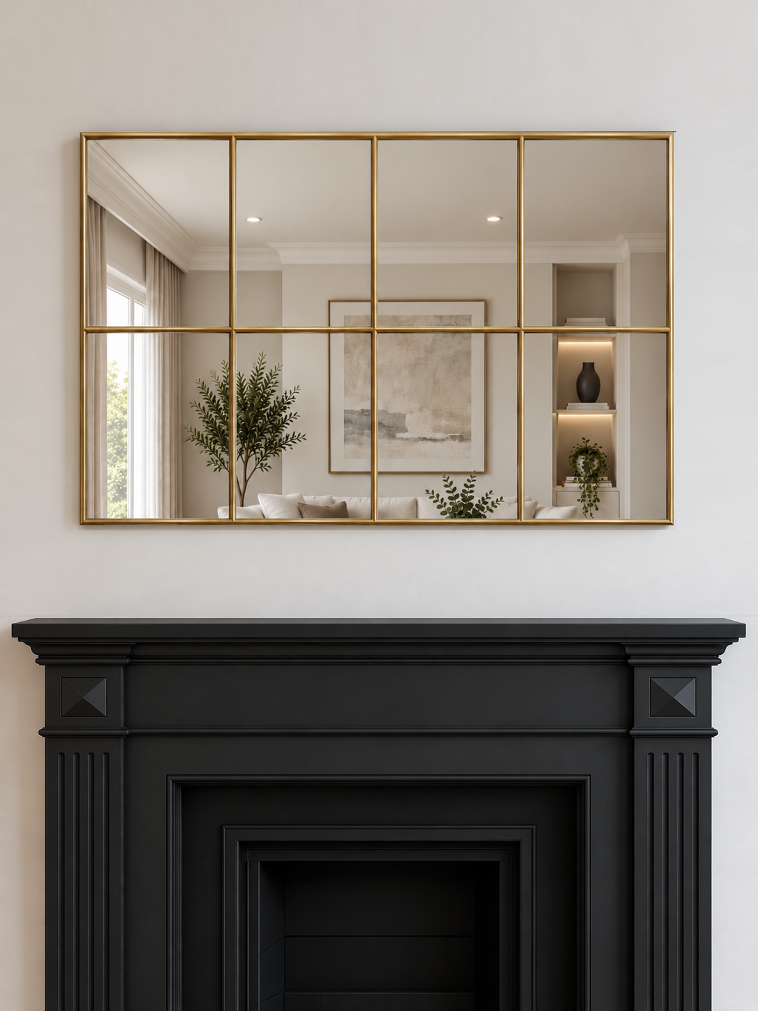A large rectangular wall mirror with a brass metal grid frame hangs above a black fireplace