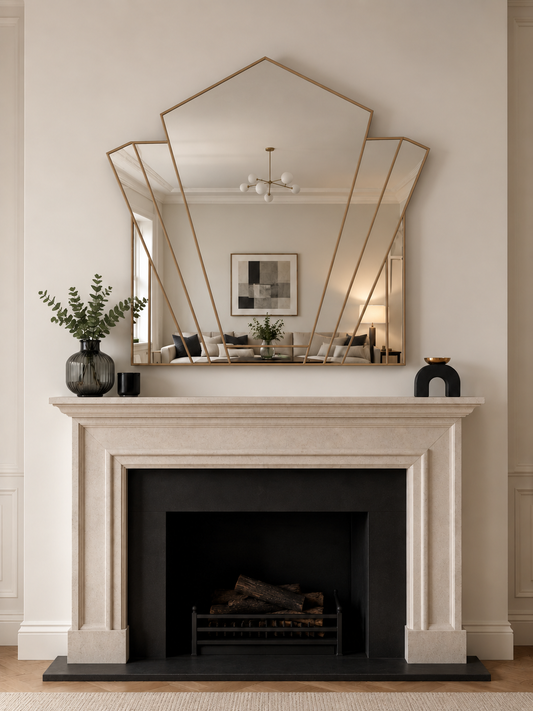 A large geometric wall mirror with a gold metal frame hangs above a cream stone fireplace mantel in a styled room interior.