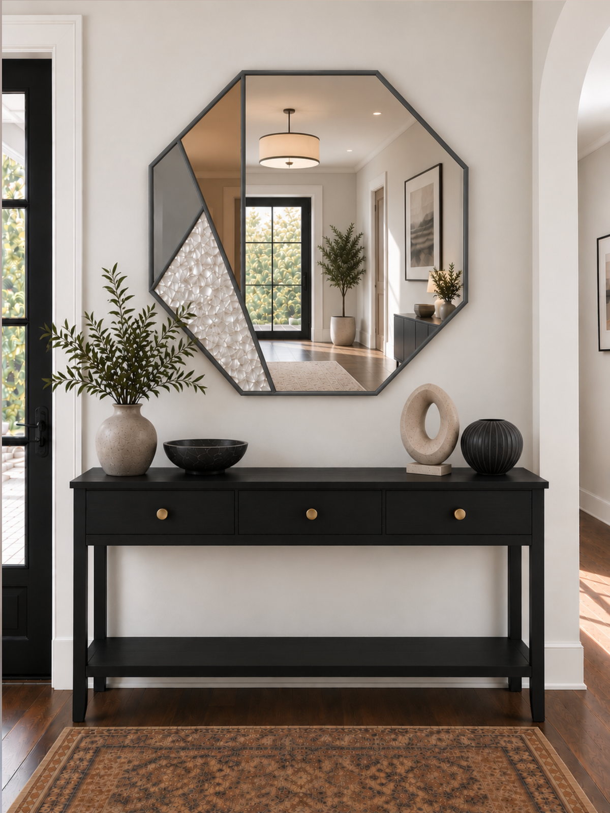 A contemporary octagonal wall mirror with a antique frame and coloured glass sections
