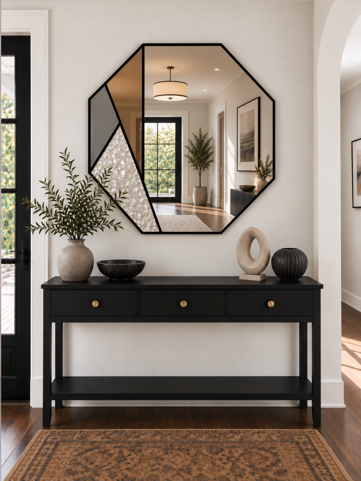 A contemporary octagonal wall mirror with a black frame and coloured glass sections 