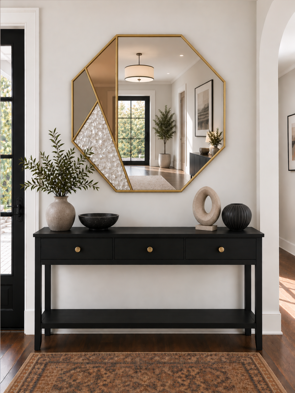 A contemporary octagonal wall mirror with a brass frame and coloured glass sections