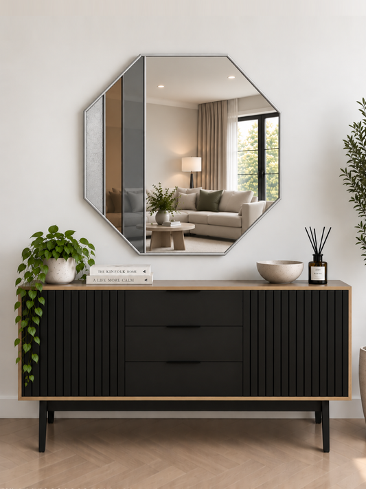 An octagonal wall mirror featuring bronze and grey mirror with a striped frosting effect section in silver