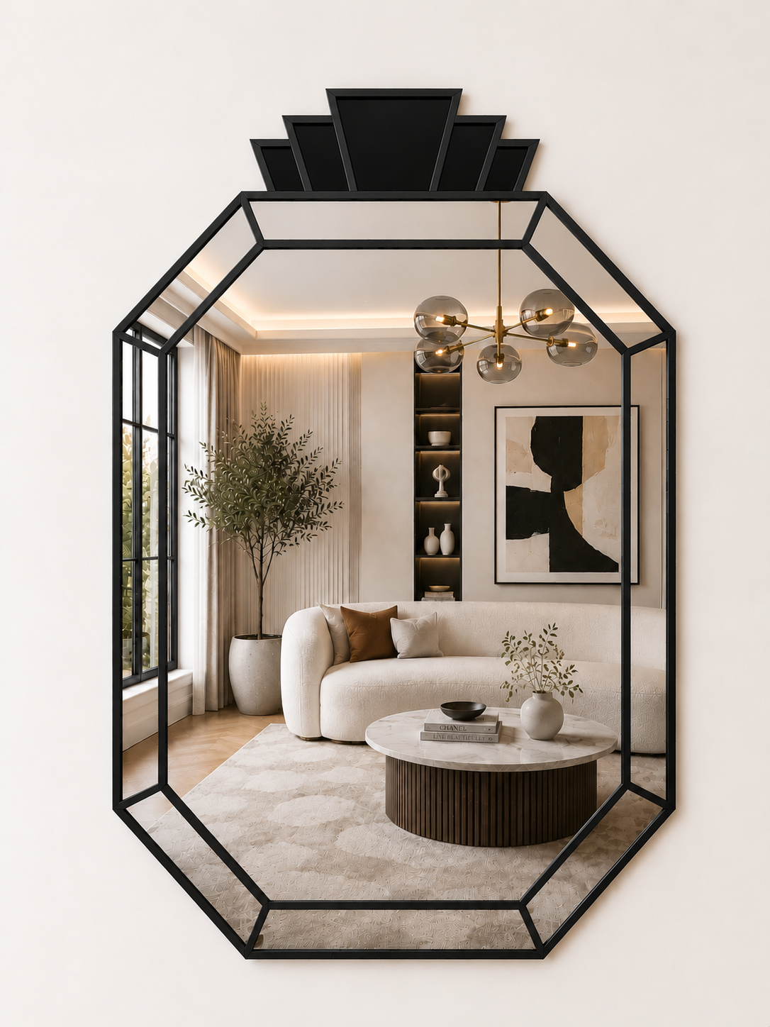 An octagonal wall mirror with a black metal frame and geometric crown design, reflecting a modern living room interior with a cream sofa, round coffee table, and pendant lights.