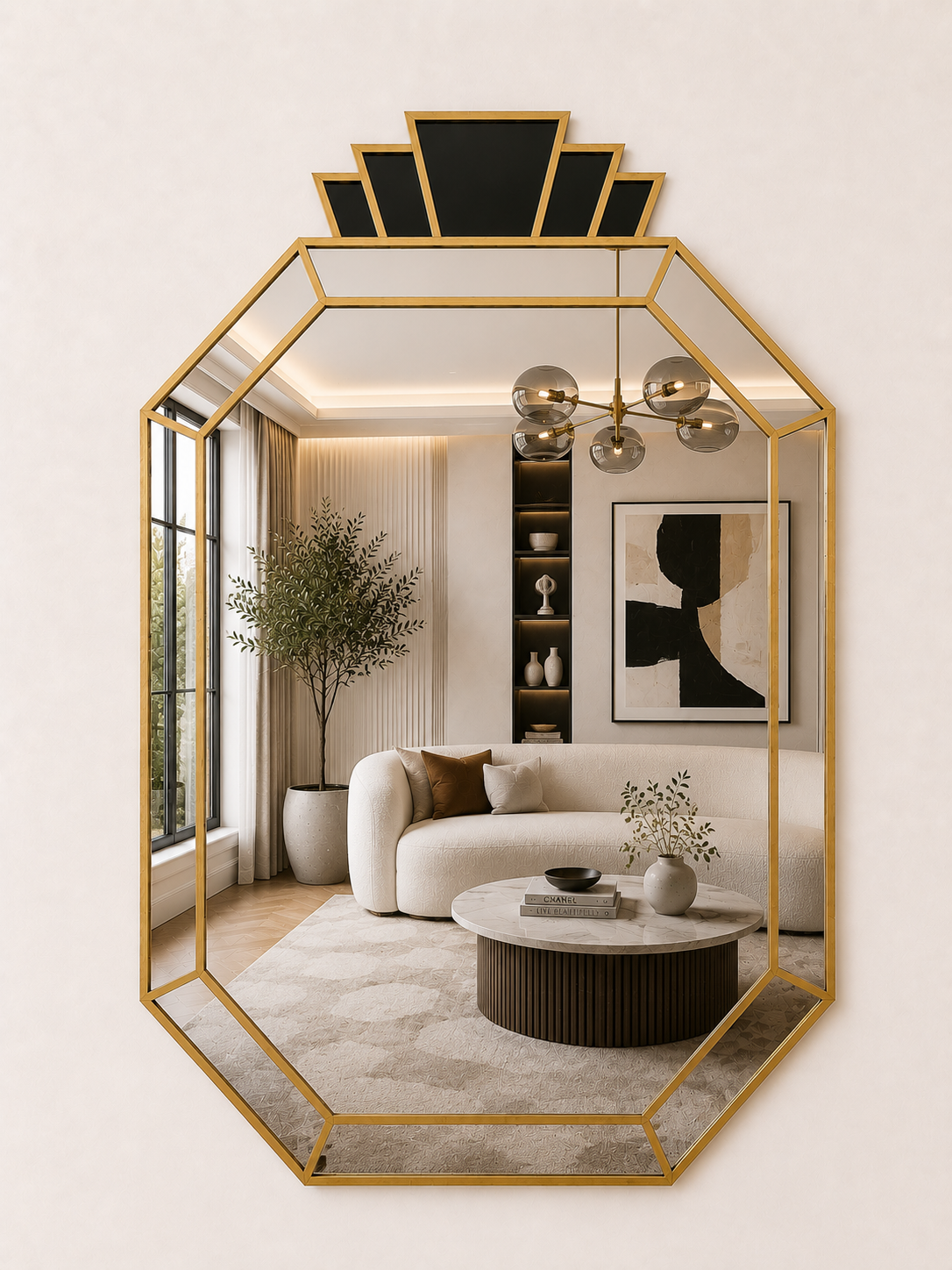 An octagonal gold-framed wall mirror with black geometric accents at the top, shown mounted on a light beige wall and reflecting a modern living room interior.